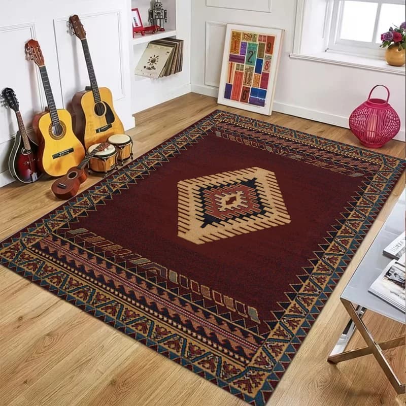 Tappeto con Stampa Geometrica Tribale del Sud-Ovest, Tappetino Bordeaux e Beige per Soggiorno e Camera da Letto, Arredamento Rustico Boho