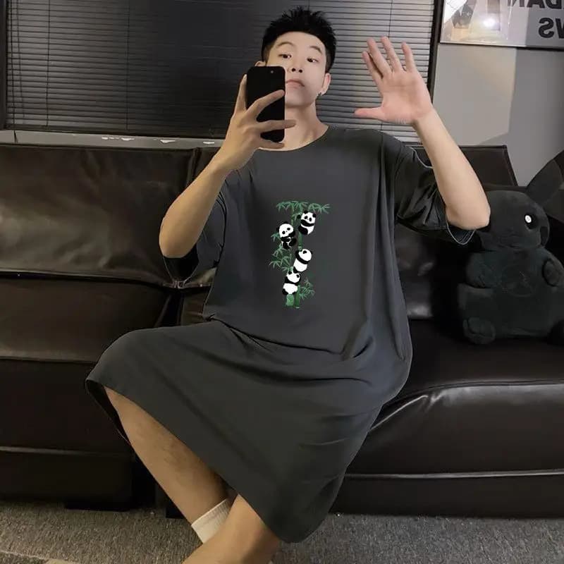 Men Summer Long Short Sleeve Nightgown High Grade Thin Bathrobe Plus Size Loose Comfortable Lazy Home Pajamas