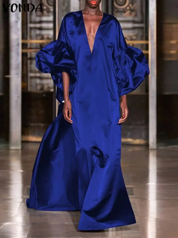 VONDA elegant woman Maxi satin dress 2023 summer sleeve lantern Solid Party sunbathing casual loose v Bohmeian evening dress