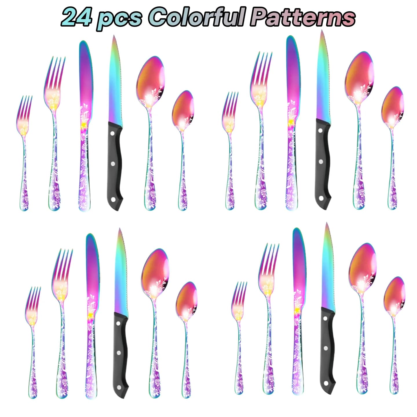 24Pcs Stainless Steel Cutlery Set, Laser-Engraved Pattern Silverware Set, Colorful/Black, Dishwasher Safe, Suitable for Home, Hotel, Gatherings, Parties, Gifts