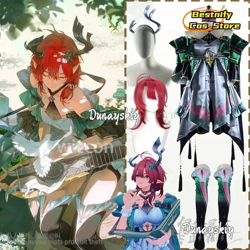 ABC123CosplayGame Wuthering Wave Cosplay Ciaccona Costume Anime Stile Foresta Abito con Corna Pelose Calze Parrucche Rosse Kawaii