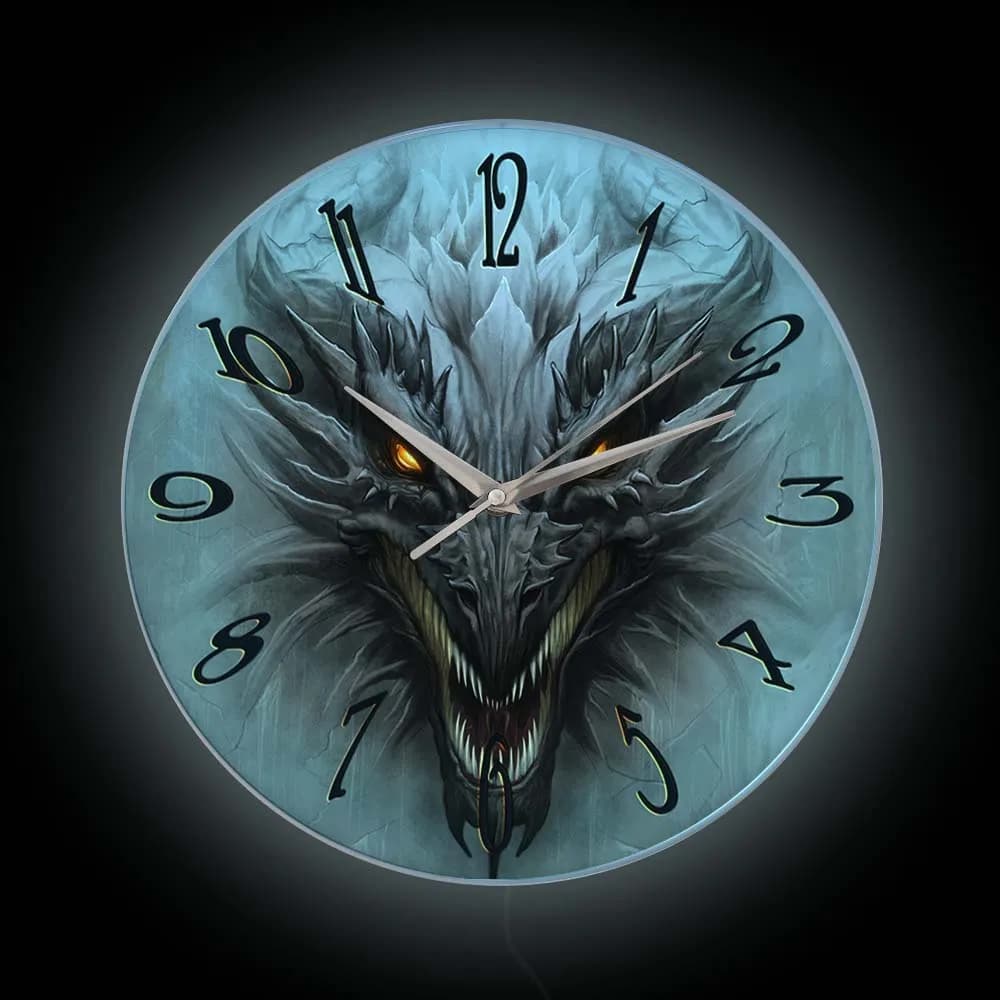 Gothic Evil Dragon Head Luminous Printed Wall Clock With LED Backlight Medieval Fantasy Home Decor LED Night Light Wall Clock