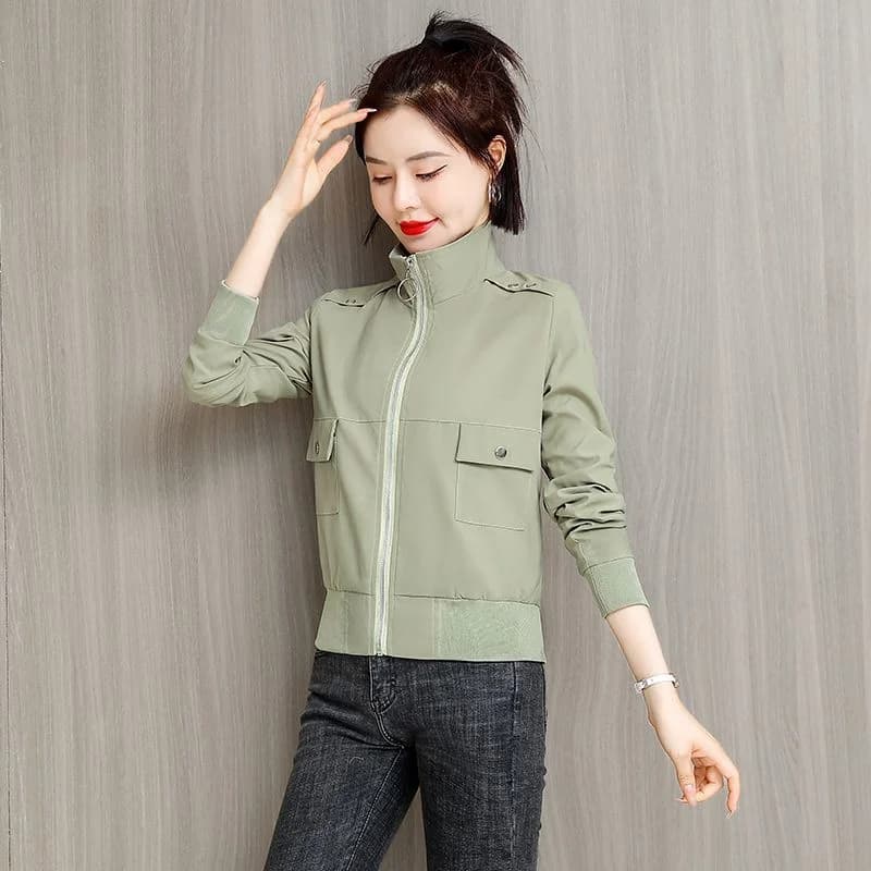 Spring and Autumn New Fashion Casual Women's Spliced Stand Collar Zipper Solid Color Versatile Long Sleeve Jackets