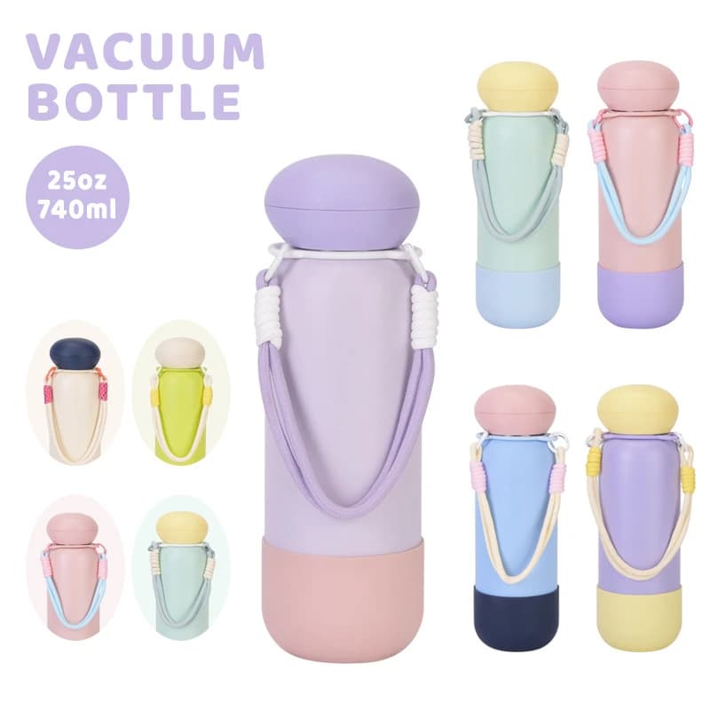 25oz large capacity stainless steel water bottle with portable carrying strap, color-blocked design, outdoor insulated cup