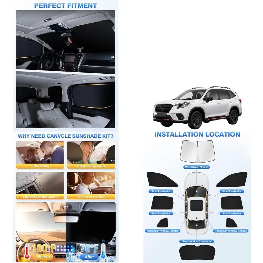 Set Universale Parasole per Parabrezza Auto, Coperture per Finestrini Laterali e Posteriori, Nero, 8 Pezzi, per Privacy e Raffreddamento