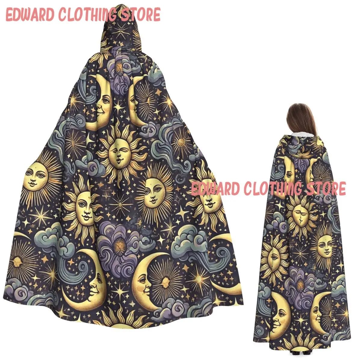Sun And Moon Whimsigoth Pattern Long Hooded Cloak Witch Medieval Costume Cosplay Cape HalloweenCoat Adult Unisex