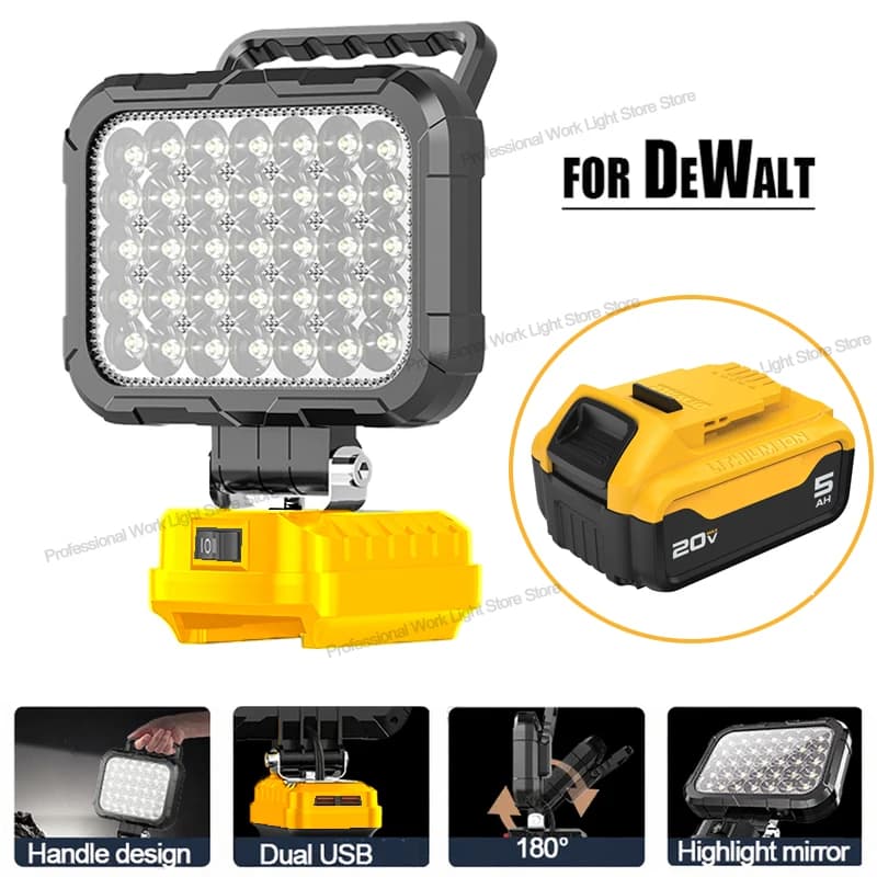Lampada da lavoro portatile a LED 48W compatibile con batteria al litio Dewalt 18V per XR con torcia esterna USB 5400 lumen da 5 pollici
