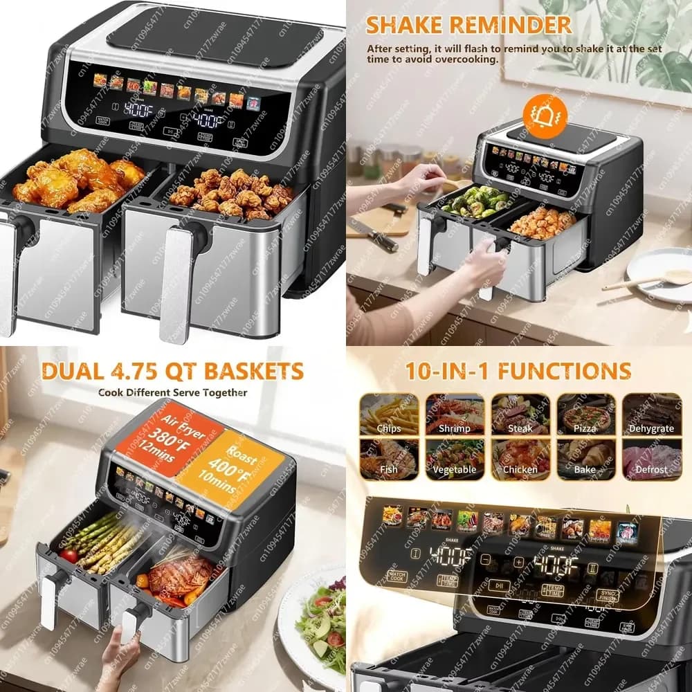 Large Dual Basket 9.5 Quart Black Air Fryer Independent Temp Control Sync Mode 10 Presets (Bake/Broil/Defrost) Model