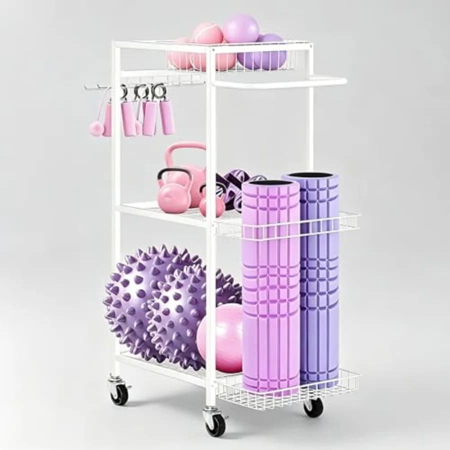 Rack portaoggetti in metallo per attrezzature da allenamento, porta tappetini yoga, carrello porta pesi, portaoggetti per palestra domestica con ruote per manubri e tappetini yoga