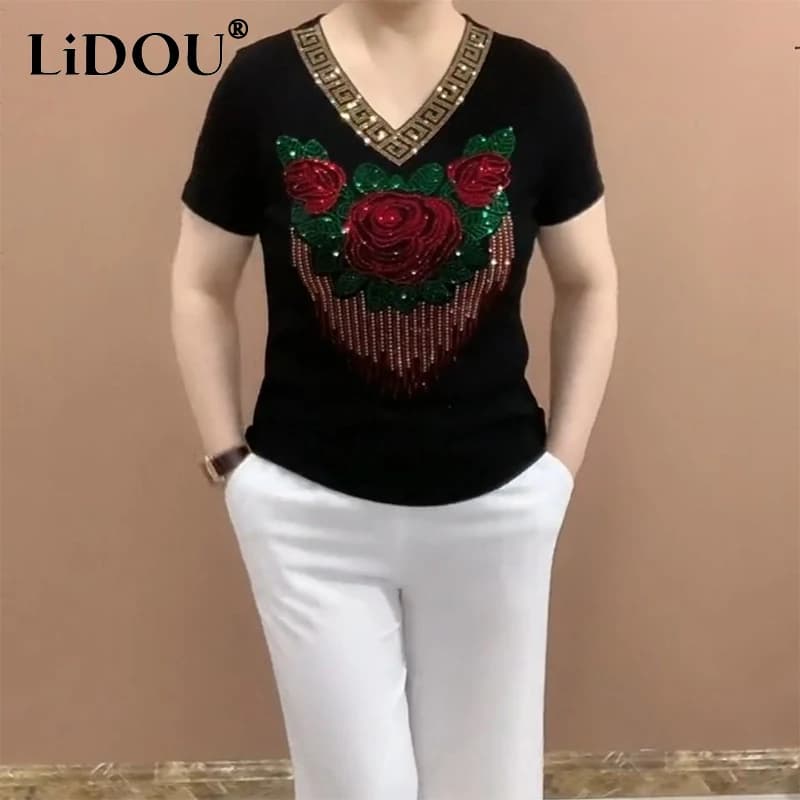 Estate Casual Moda Diamoni T-shirt a maniche corte Donna Slim All-match Pullover Tee Donna Harajuku Y2K Street Wear Top con scollo a V