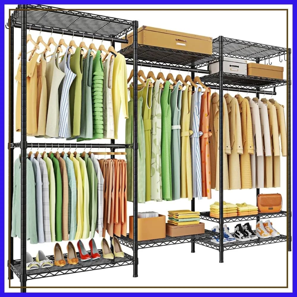 Appendiabiti resistente con 4 barre appendiabiti e 8 ripiani, appendiabiti autoportante per appendere vestiti, organizer regolabile per armadio, 63"W x 16"D x 77"H, carico massimo 900 libbre, nero