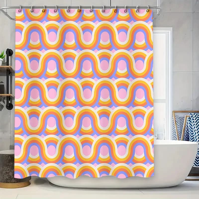 Tenda da doccia pop art luminosa Decorazioni per il bagno Rosa Giallo Modello ondulato Tessuto impermeabile Set di tappetini da bagno in poliestere idrorepellente (
