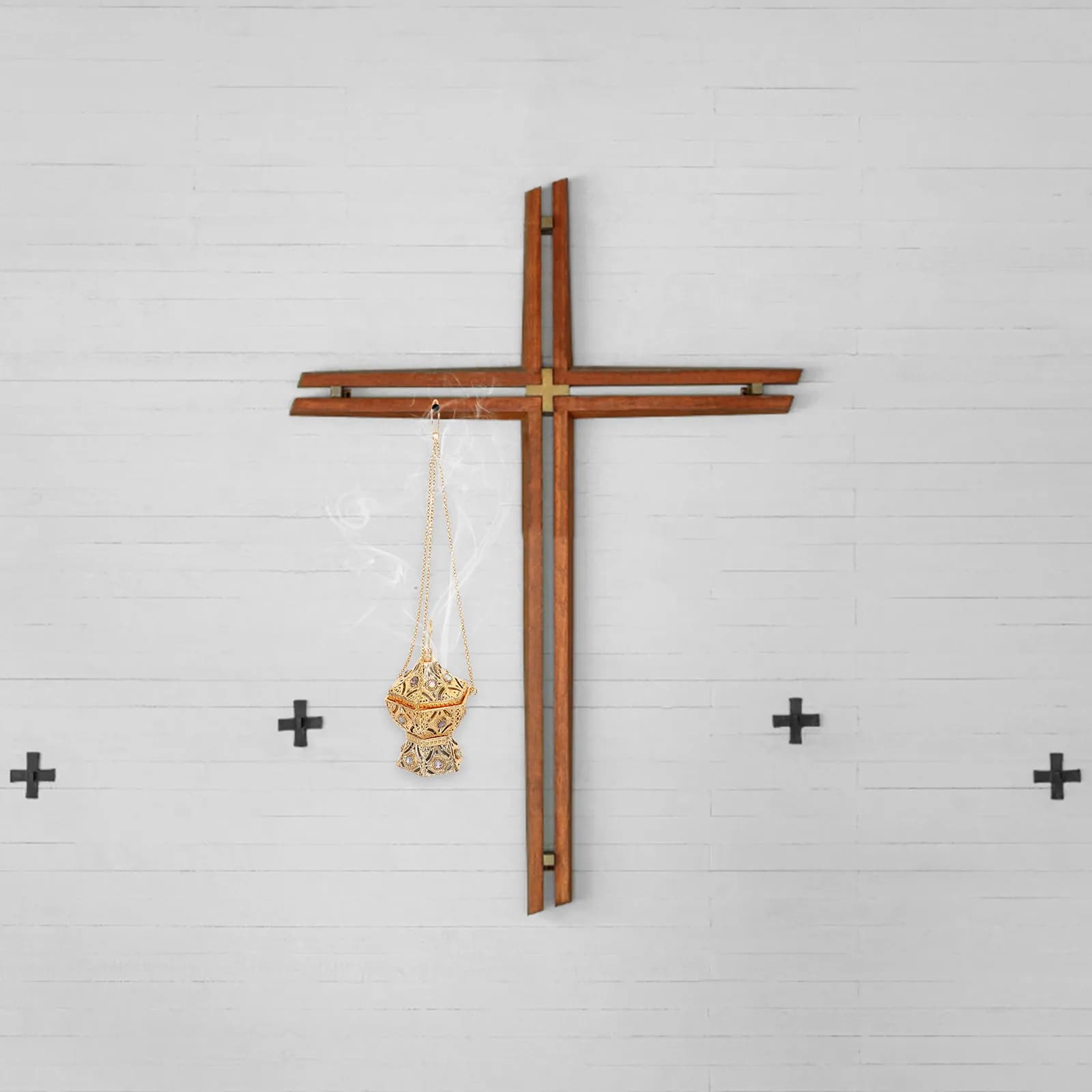 Metal Cross Incense Burner Hanging Brass Censer for Frankincense Cone Stick Charcoal Aromatherapy Spiritual Room Church Ceremony