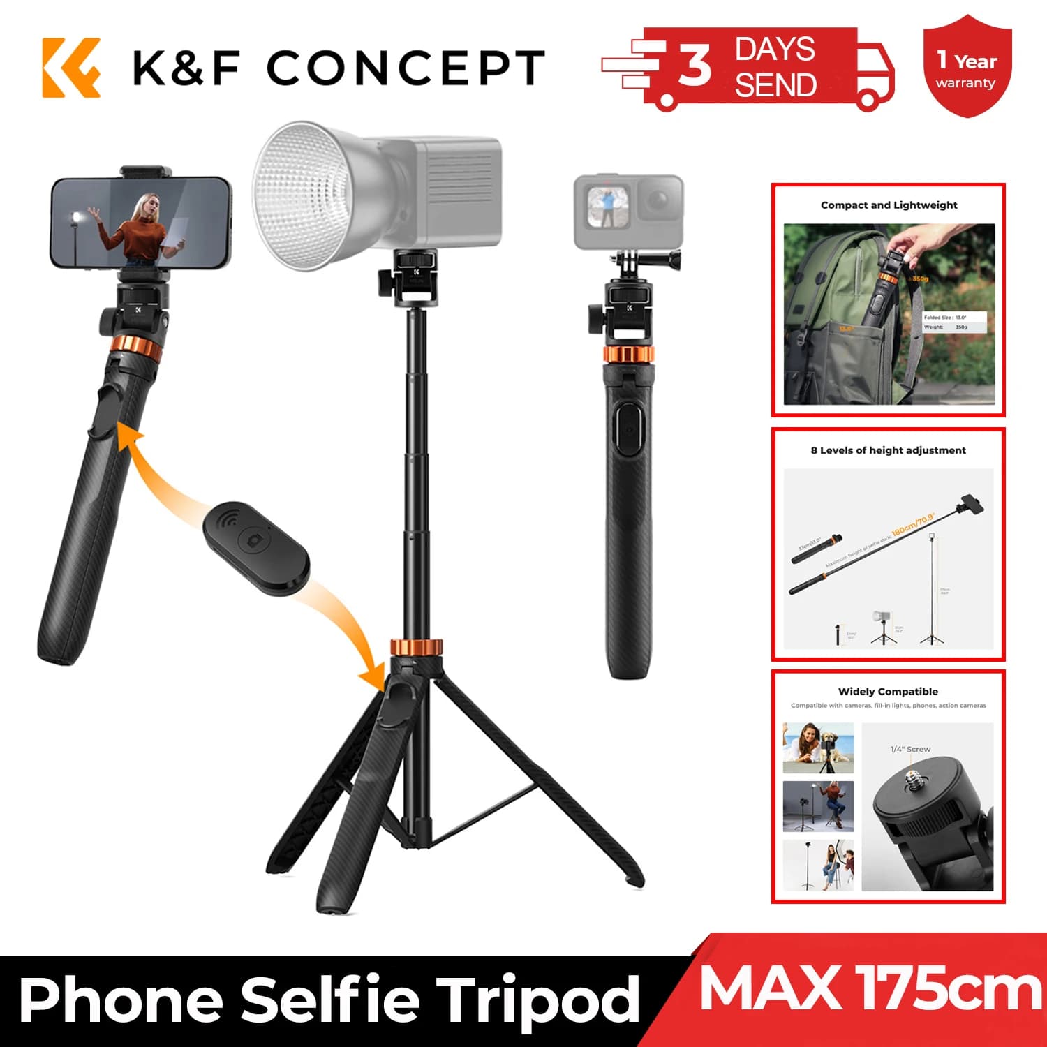 K&F CONCEPT Asta Selfie/Treppiede da 175 cm per iPhone, Supporto Compatto per Telefono con Telecomando e Luce, Treppiede per Smartphone e Fotocamera GoPro