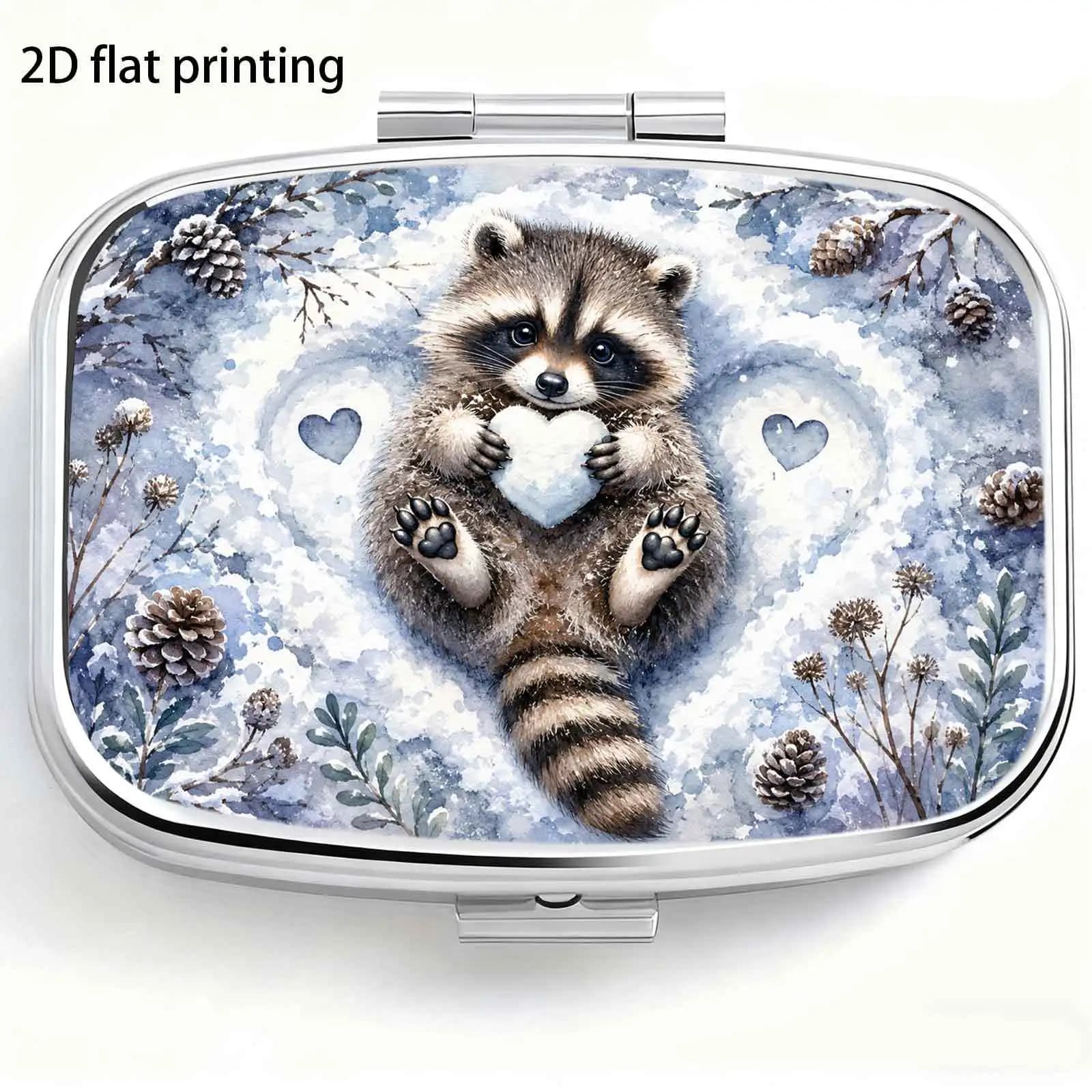 Single-piece, flat, square compartment box with a heart-shaped little raccoon pattern, for medical supplies and equipment, elegant, can compactly store daily vitamins and supplements, lively and fun design