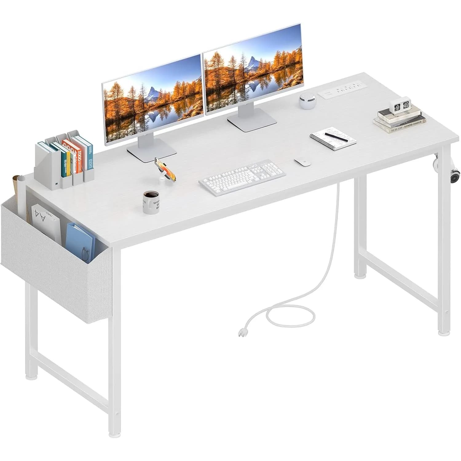 White Computer Desk with Power Outlet, 55 inch Study Table for Home Office Work Writing Gaming, Built-in Charging Station