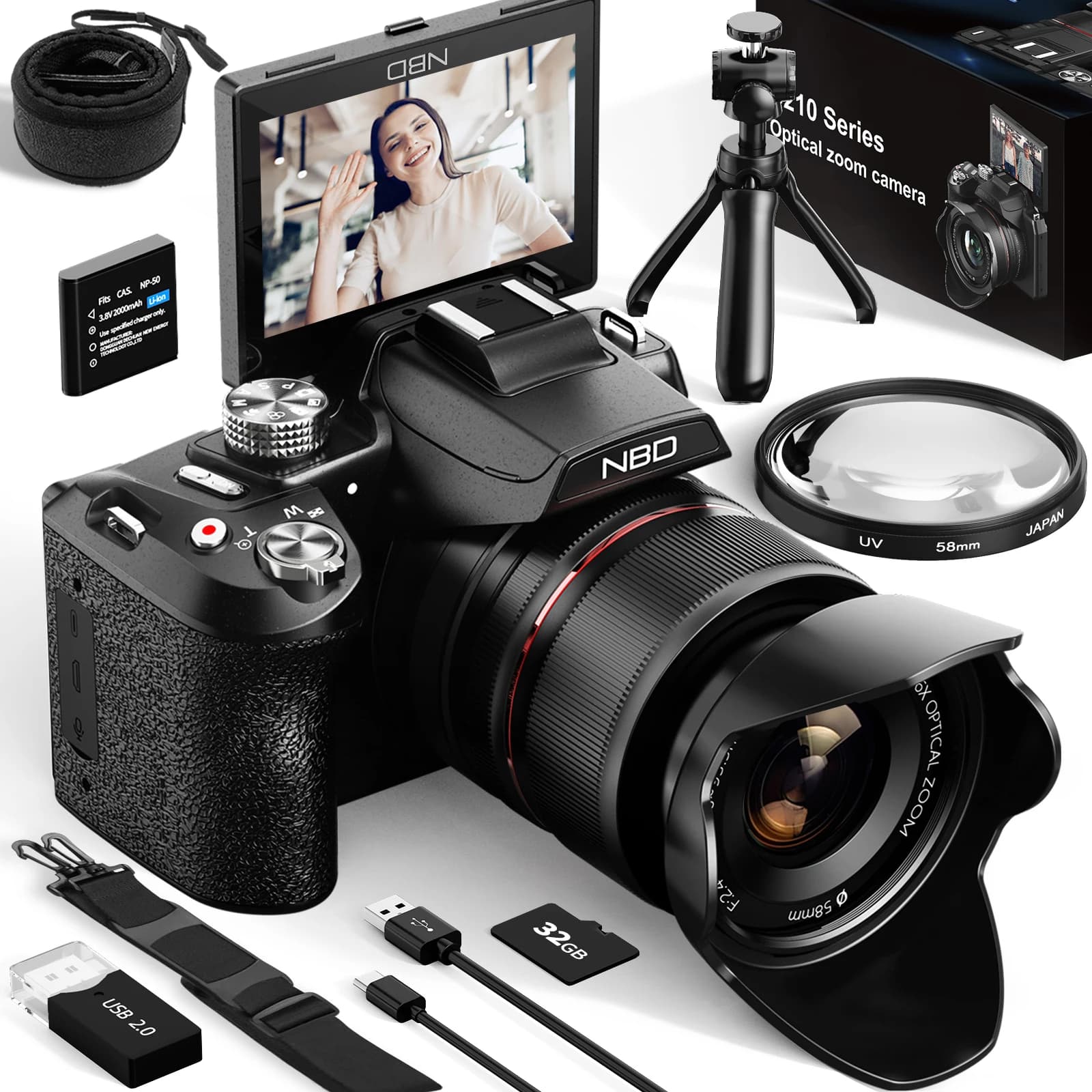 Fotocamere digitali NBD da 64 MP per fotografia, fotocamera con zoom ottico 16X con controllo WiFi e app, fotocamera 5K con 180 ° Schermo ribaltabile