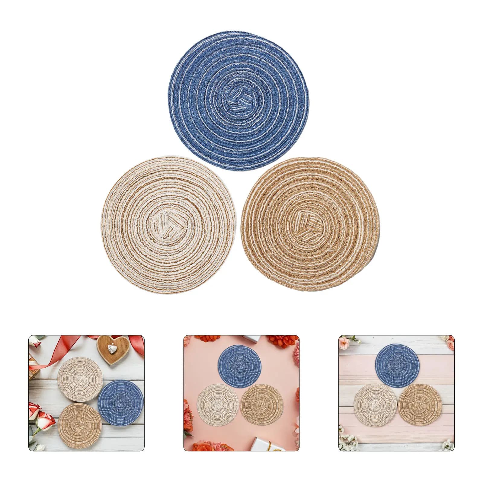 Set di 3 Tappetini in Corda di Cotone per Miniature, Accessori Decorativi per Pavimenti di Case in Miniatura, Mini Zerbino