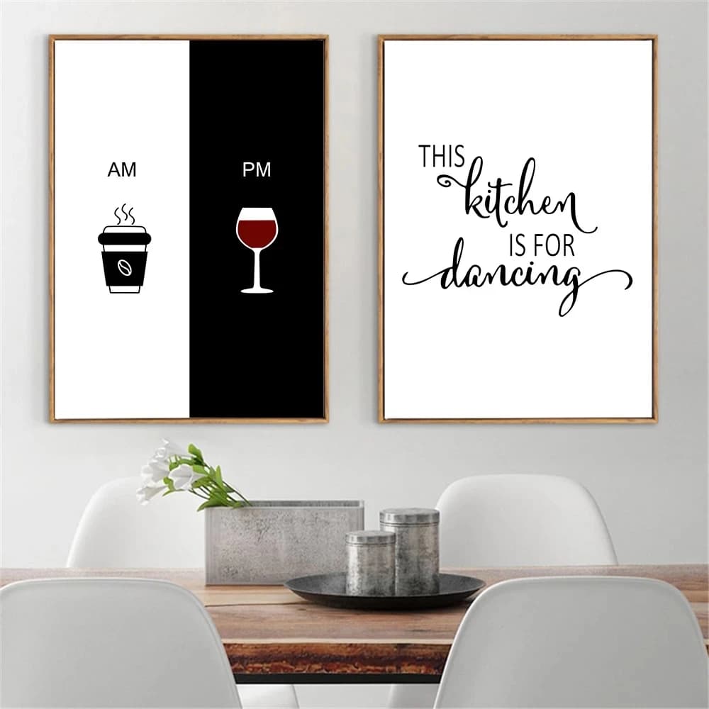 (No frame)AM PM Coffee Wine Posters and Prints This Kitchen Is For Dancing Quotes Canvas Painting Black And White Wall Pictur