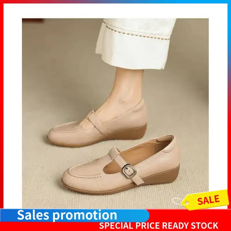 Women Sheepskin Wedge Loafers Round Toe Slip On Pigskin Lining Cow Leather Insole Rubber Sole Soft All Match Daily Shoes F83
