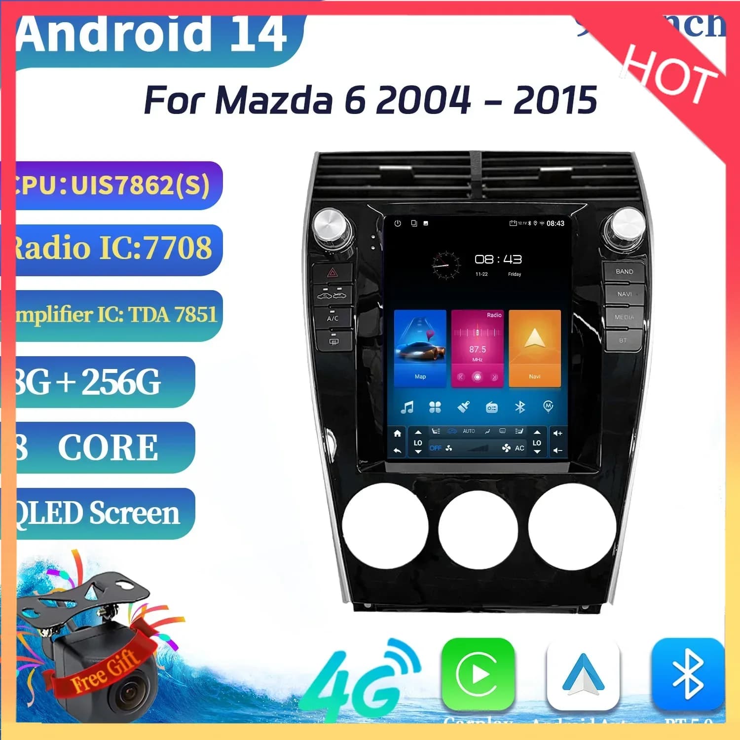 Autoradio Android 14 da 9,7″ per Mazda 6 2004-2015, Multimedia Wireless Carplay, Navigazione Android, Schermo Touch