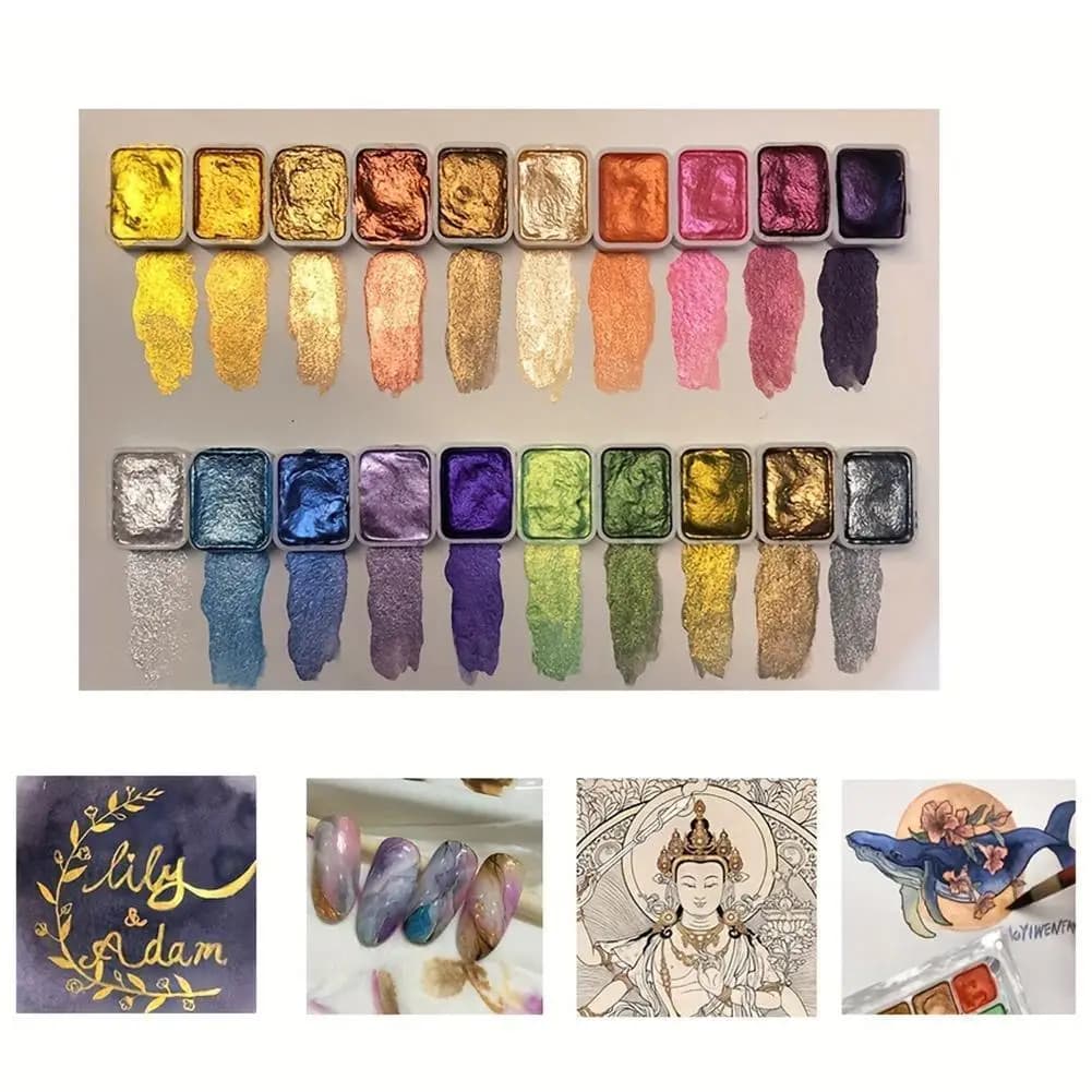 20 Colors Metal Watercolor Painting Set With Shiny Pearls Solid Watercolor Painting for Chinese painting, Thangka, Calligraphy