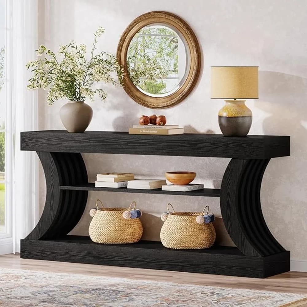 Consolle da ingresso stile rustico lunga 70,9 pollici con contenitore, tavolo in legno a 3 livelli da posizionare dietro il divano, per ingresso, personalizzabile
