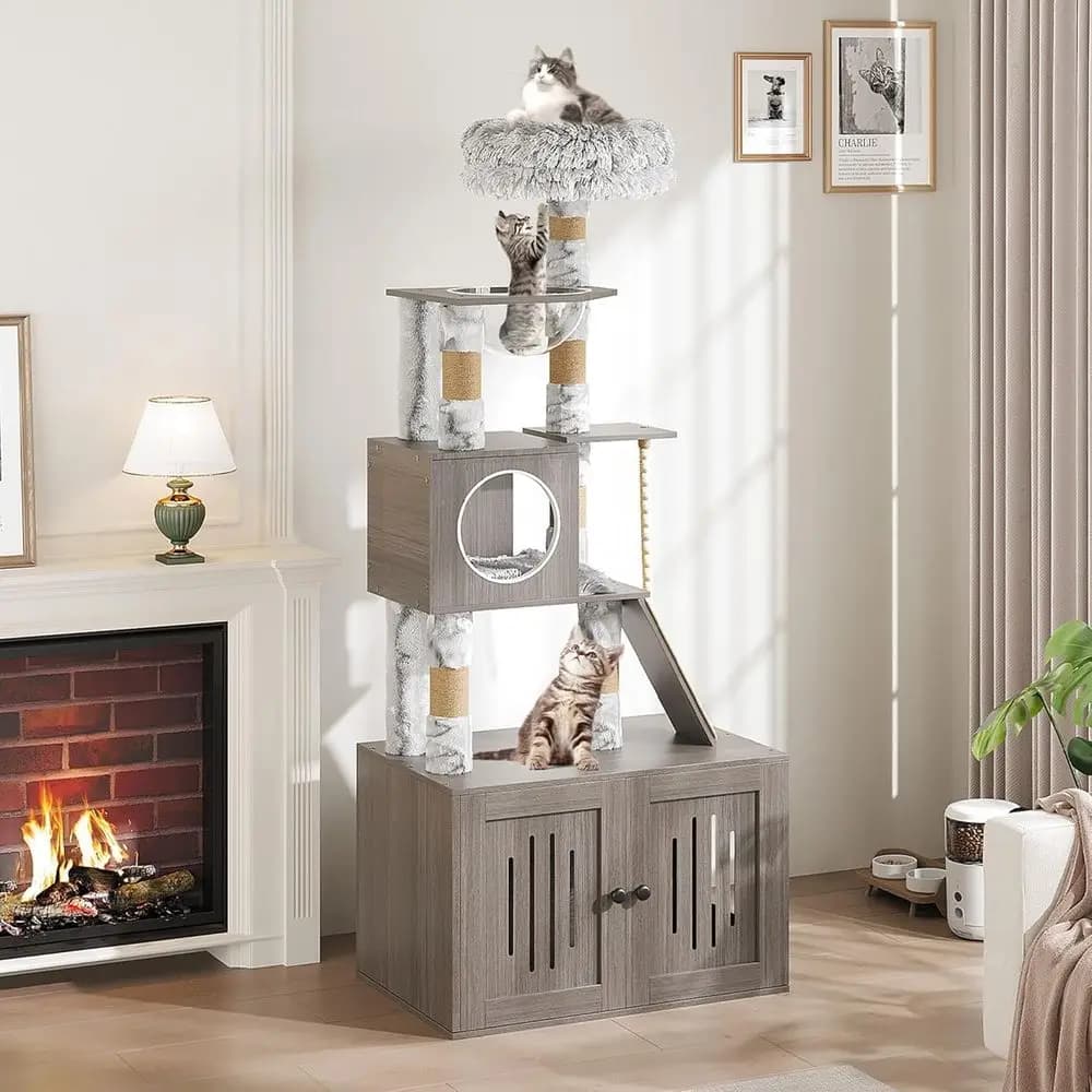 66.9 Multi-Level Cat Tree Tower with Litter Box Enclosure, Perch, Scratching Posts, Plush Nest, Play & Rest Areas