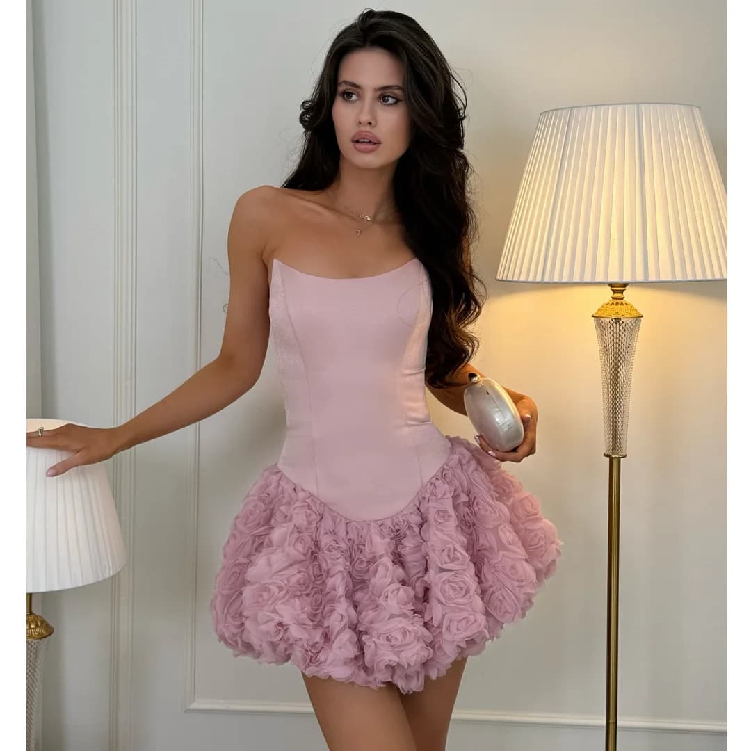 Short Evening Dresses 3D Flowers Mini Skirt Strapless Wedding Party Dress Customized Prom Gown Cocktail Vestidos