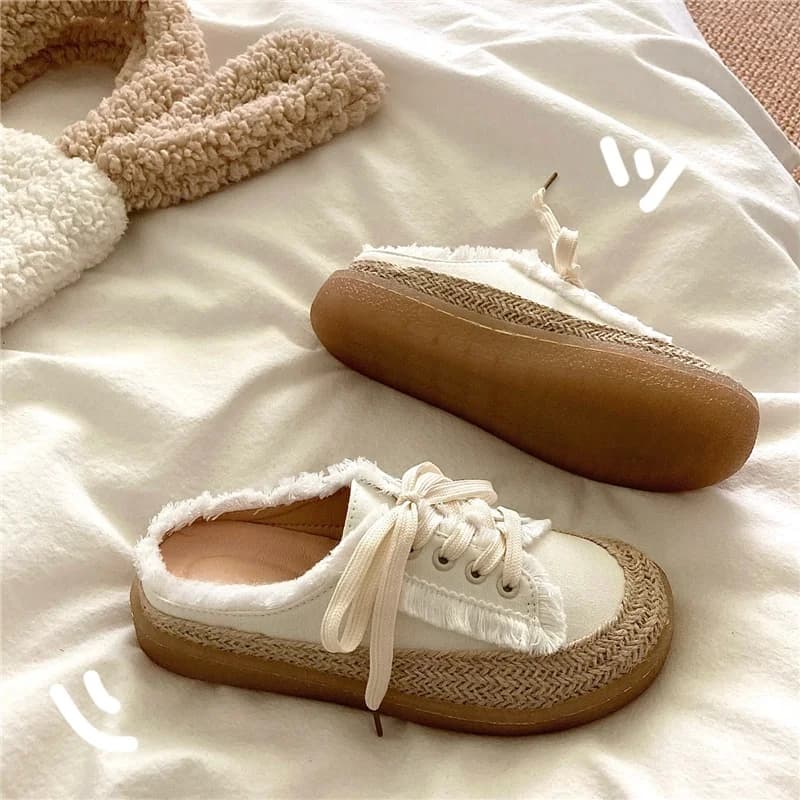 Q Elastic Jelly Sole Canvas Shoes Women's Summer Lazy Vacation Style Slip-On round Toe Flat Laced Low Top Casual Sneakers