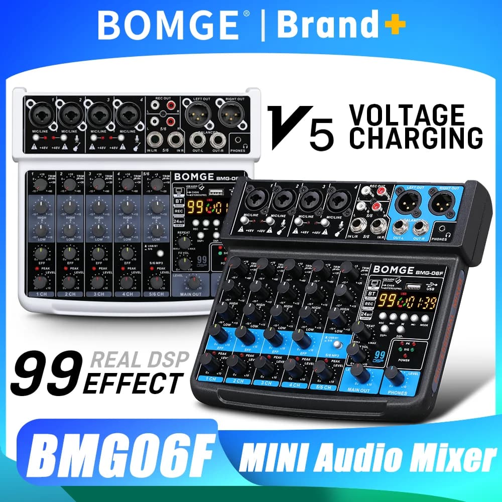 BOMGE Mixer Audio Professionale a 6 Canali 99DSP con Alimentazione Phantom 48V, USB, Studio, Karaoke, Bluetooth, Console DJ