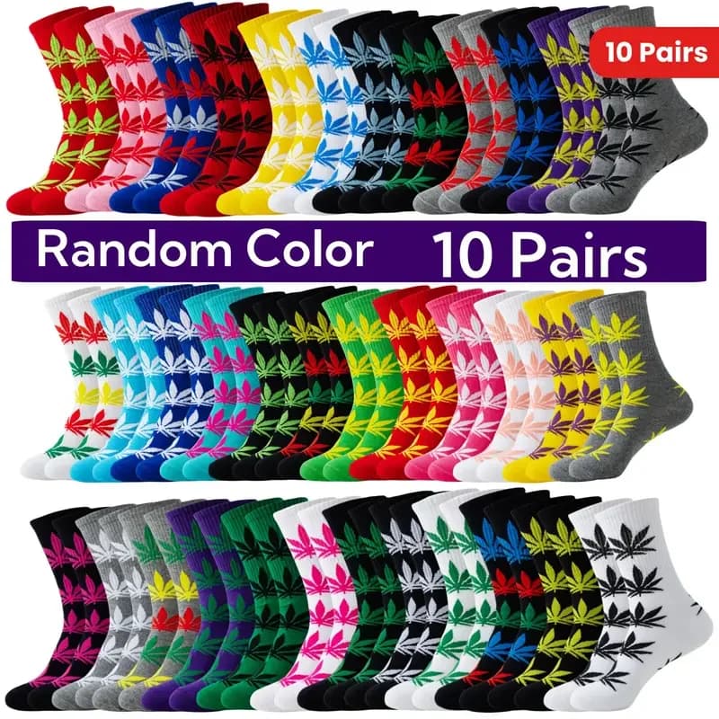 10 paia di calzini a tubo medio da uomo in stile foglia d'acero dai colori misti casualmente, morbidi e traspiranti, per skateboard da strada all'aperto