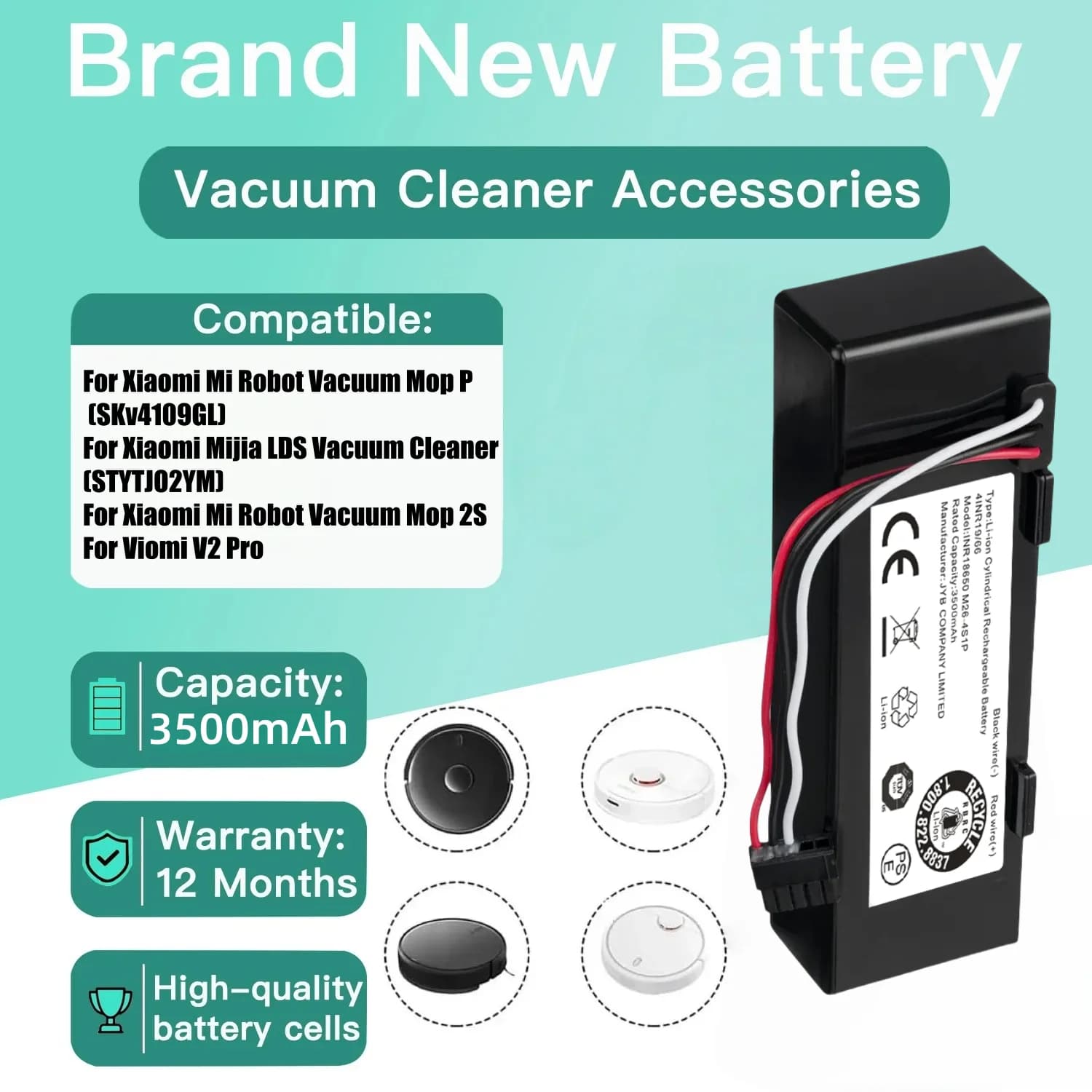 Mi Robot Aspirapolvere-Mop 2S STYTJ02YM 3500mAh Batteria 14.4V per Xiaomi Mijia LDS Aspirapolvere, Mi Robot Aspirapolvere-Mop P,Conga 3290 3390