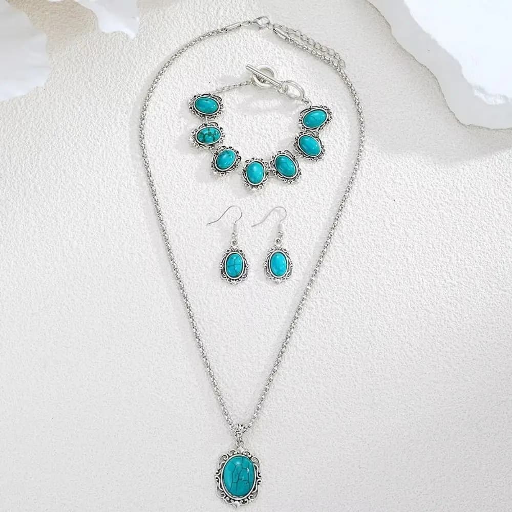 4Pcs/Set Vintage Boho Turquoise Jewelry Set Electroplating Euramerican Style Necklace Bracelet Earrings Set Classic Alloy