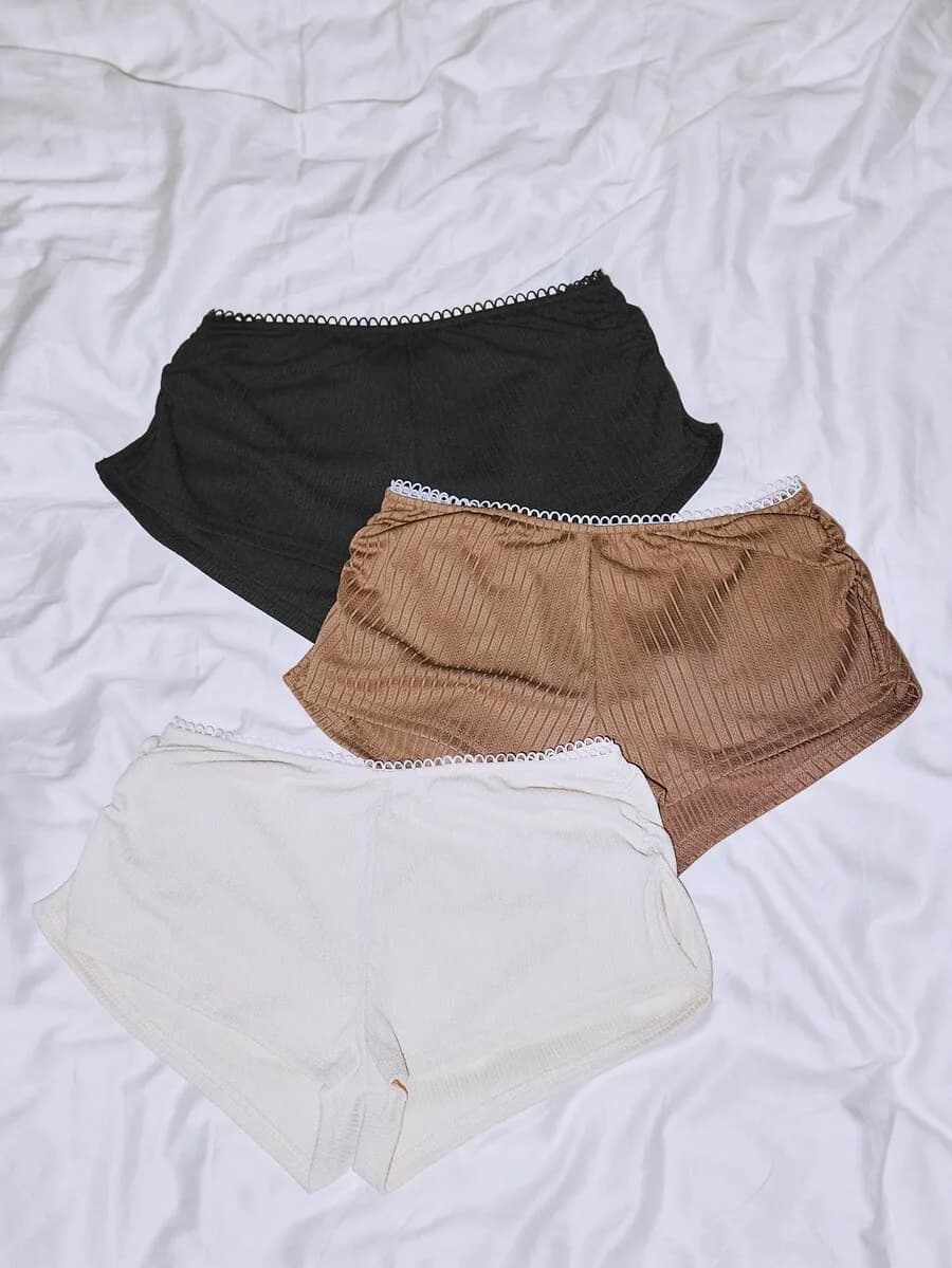 Women Ribbed Lounge Shorts With Lace Trim Side Slit Hem