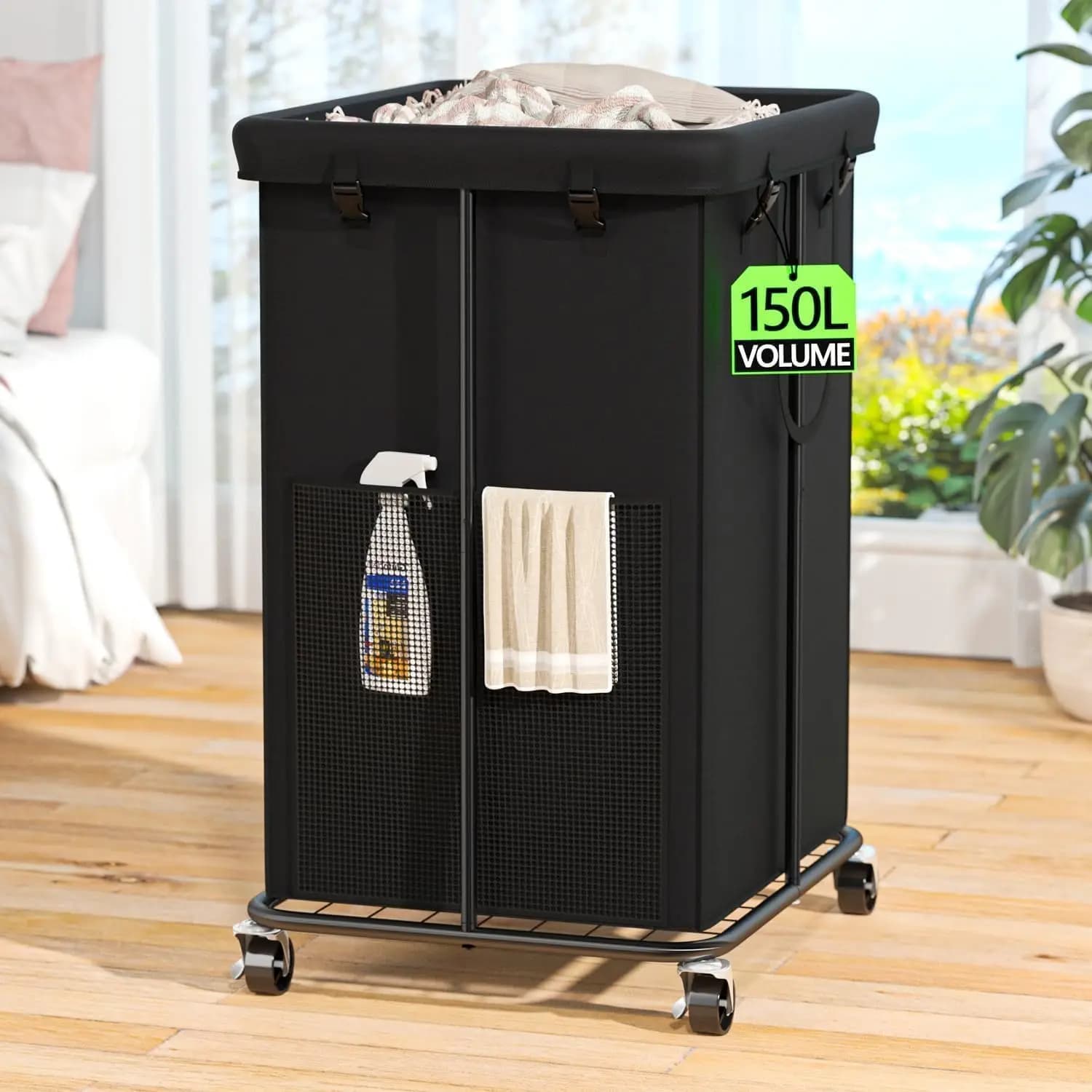 Cesto Portabiancheria con Ruote da 150L, Telaio in Metallo e Borsa Rimovibile per Camera da Letto, Bagno, Dormitorio - Nero