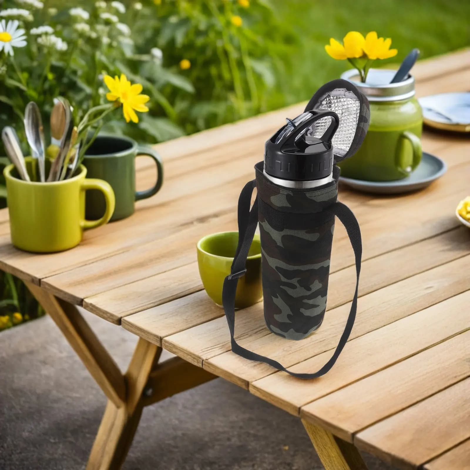 Borsa Termica Camo per Borraccia da 1.5L con Tracolla, Custodia Isolante per Escursionismo e Campeggio