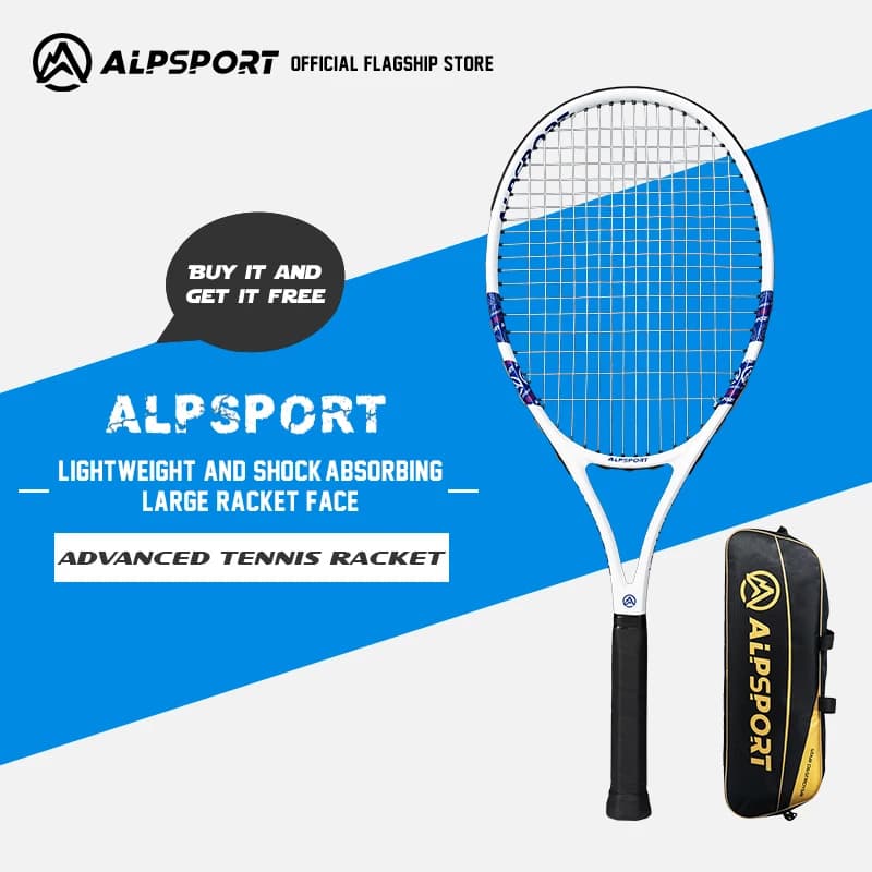 ALPSPORT Racchetta da Tennis in Fibra di Carbonio con Borsa – Design Blu Leggero per Principianti e Adulti, Allenamento e Tornei