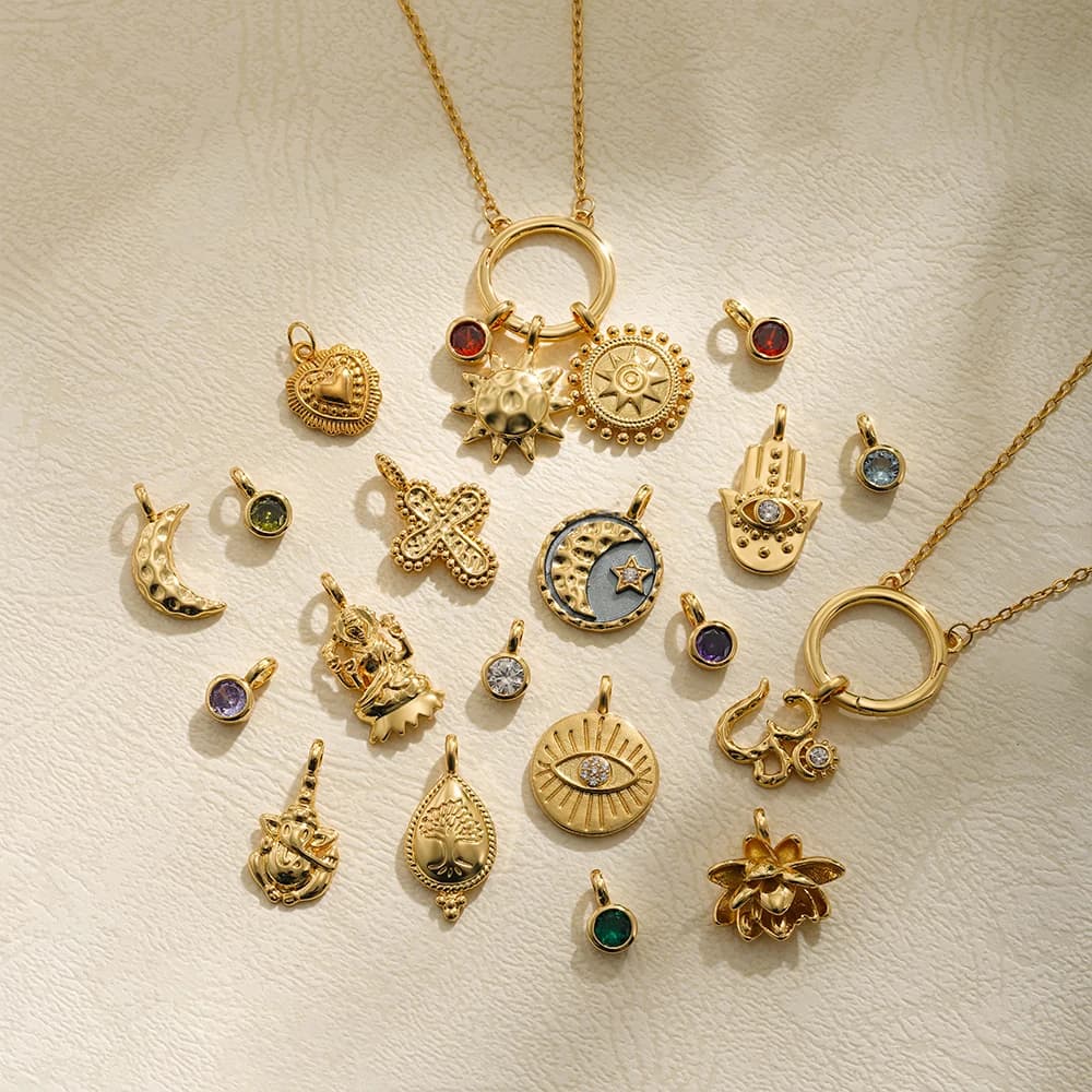 Vintage 18k Gold-Plated Women's Necklace with Moon Star, Sun, Evil Eye Amulet, Multiple Charms, Birthstone DIY Jewelry Pendant N