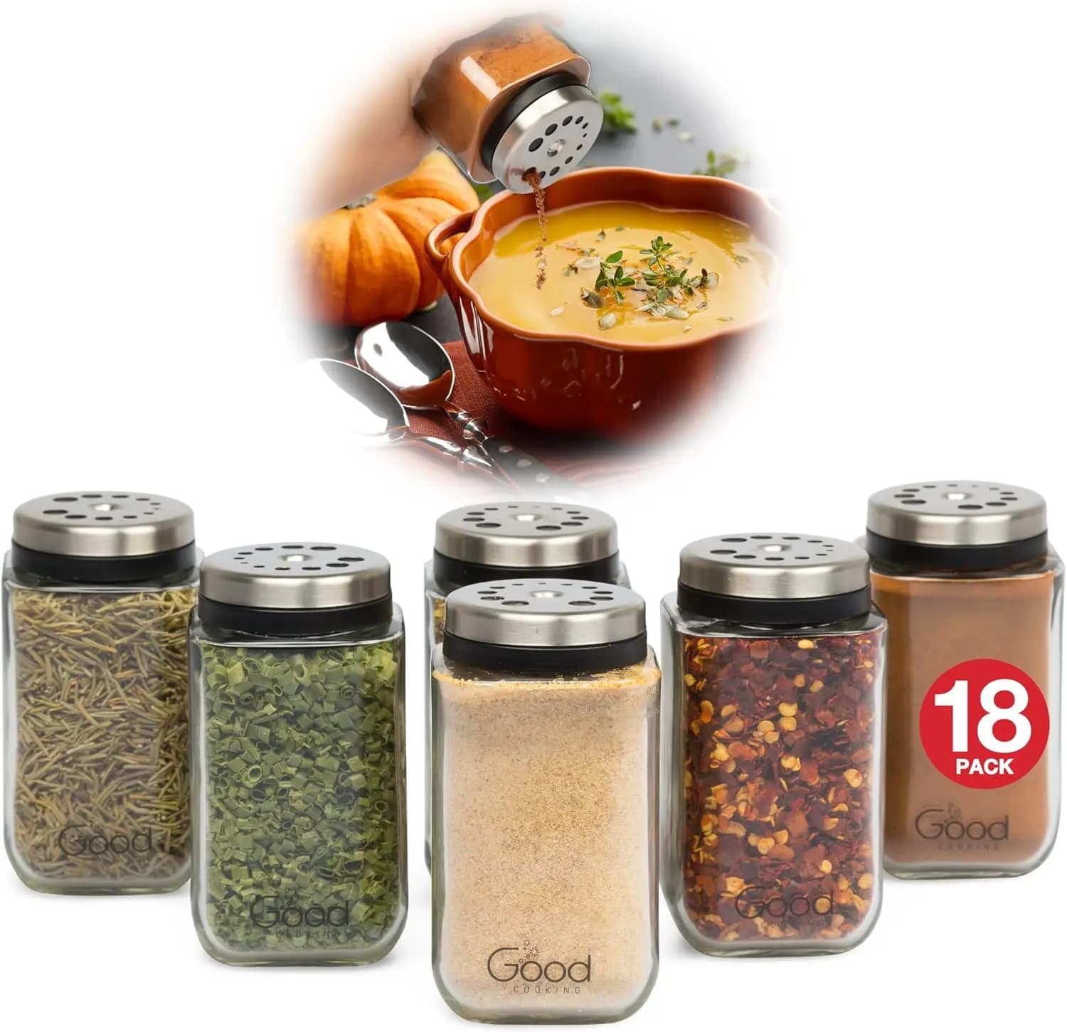 Set di 24 barattoli di spezie in vetro regolabili con coperchi in acciaio inossidabile e 6 dimensioni di versamento per riporre la dispensa da cucina