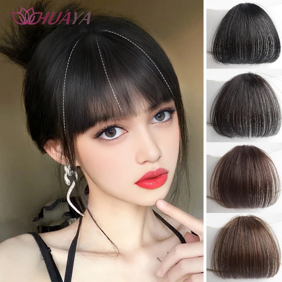 HUAYA Synthetic Air Bangs Piece Female Natural Short Fake Bangs Hair Invisible Seamless Air Bangs Clip On Front Hair Extensions