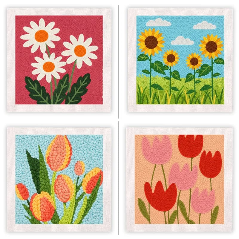 Kit da ricamo con ago da punzonatura fai-da-te Fiori di cartone animato per set artigianale da cucire, motivo stampato cucito pittura decorazioni per la casa