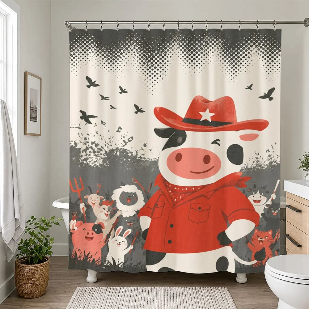 Cute Cartoon Pig Cowboy Shower Curtain Bathroom Decor Funny Farm Animal Shower Curtain for Kids Bathroom