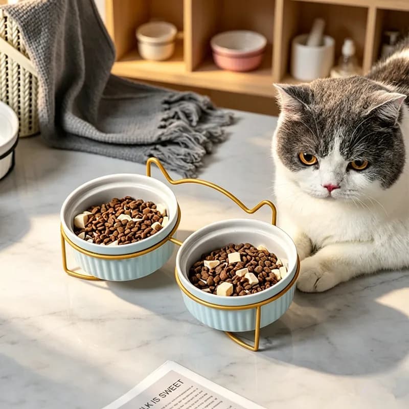 Cute Cat Ear Iron Stand Elevated Ceramic Cat Bowl Anti Vomiting Pet Food Water Bowl Removable Washable Kitten Feeding Supplies