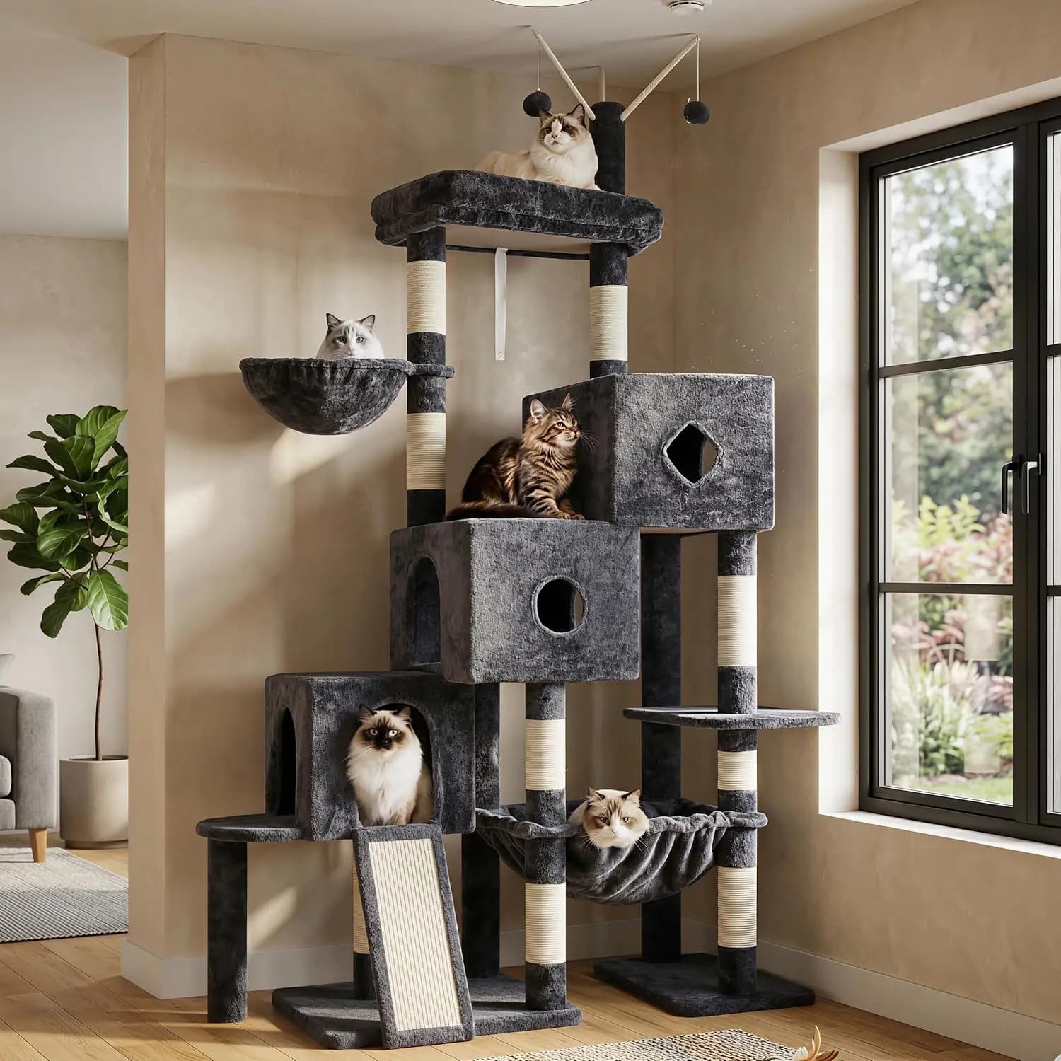 Grande Albero per Gatti con 3 Cucce, Cesto, Letto, Tiragraffi e Giocattoli per Gatti da Interno, Grigio Fumo