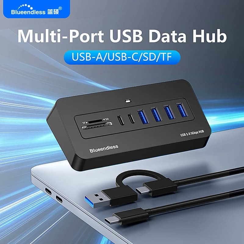 Blueendless Multi-Port USB-C Hub Docking Station 5Gbps USB3.0 Splitter 7/8-Port 2-in-1 Cable 5V External Power For Laptop PC