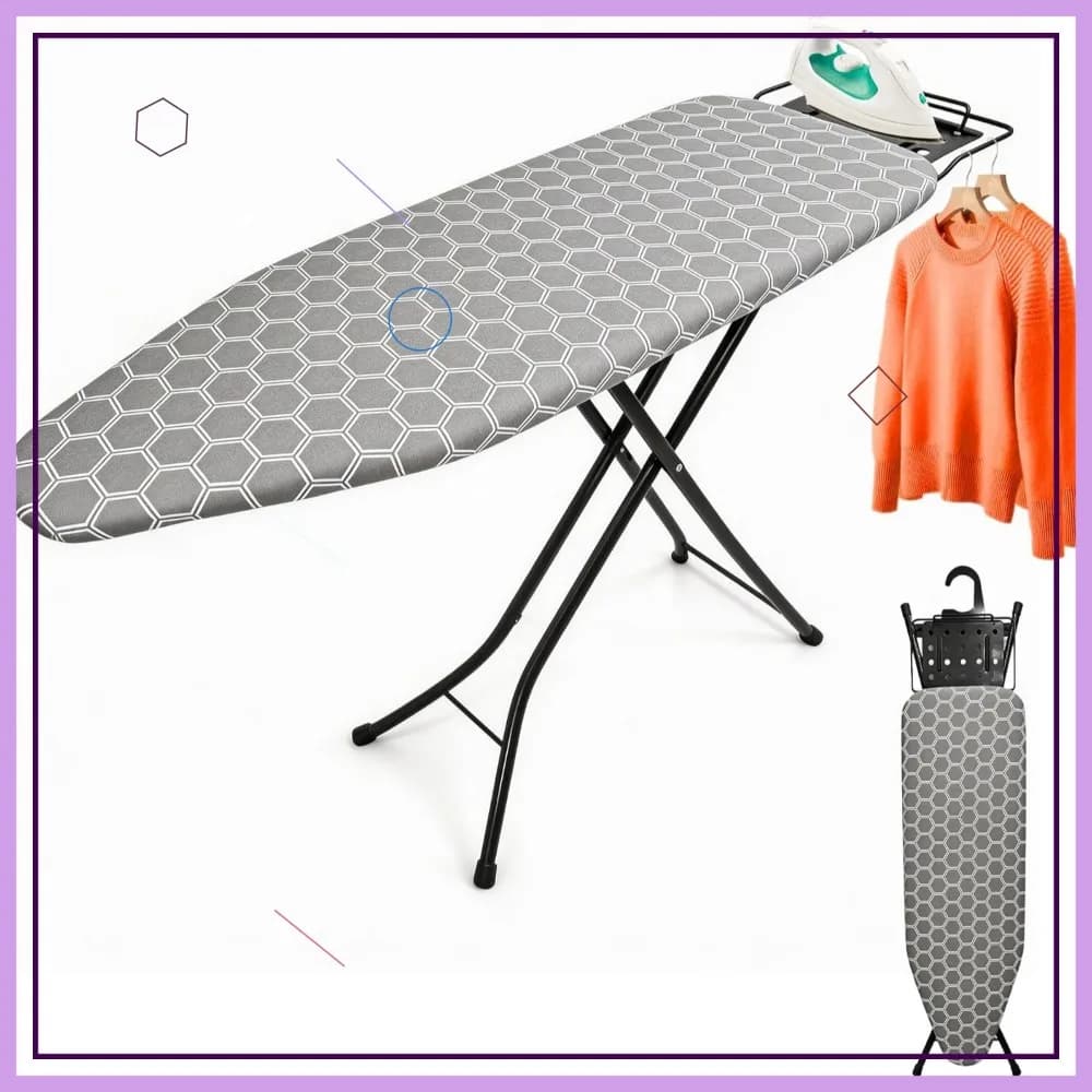 Asse da Stiro Regolabile con Supporto e Gancio in Metallo, 43"x13", 7 Altezze, Copertura Resistente al Calore