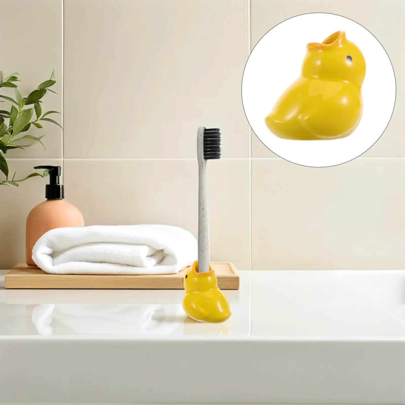 Ceramic Duck Toothbrush Holder Cute Cartoon Bathroom Accessory Small Toothbrush Stand Countertop Organizer Decorative