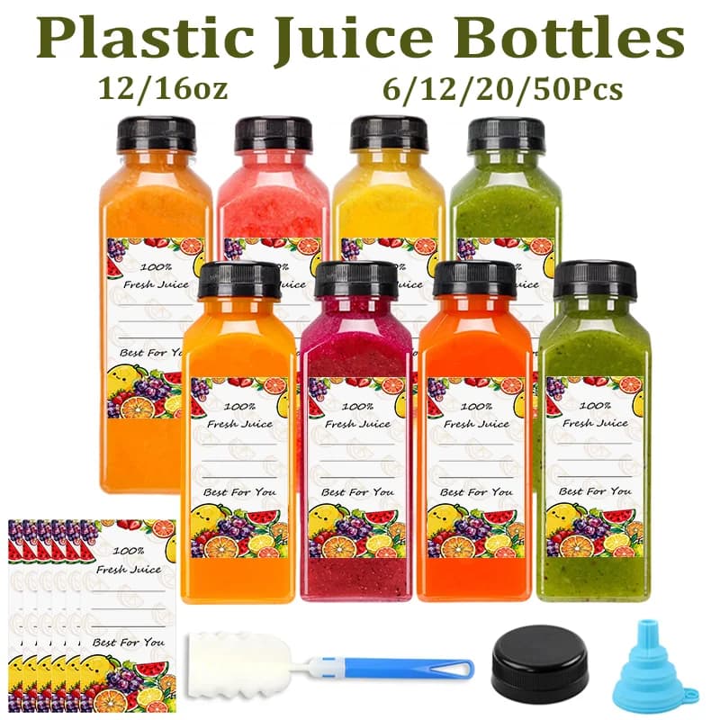 Bottiglie di succo di plastica da 12/16 once con tappi Contenitori di succo riutilizzabili da 6-50 pezzi con coperchi per frullato, smorzatura o altre bevande