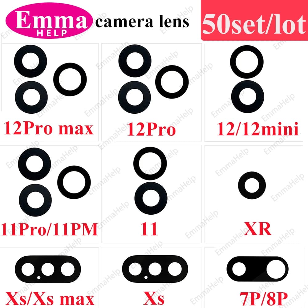 50 Pezzi/Lotto Vetro per Obiettivo Fotocamera Posteriore per iPhone 14 13 12 11 Pro Max XS XR X 7 8 Plus, Copertura in Vetro per Fotocamera Posteriore con Adesivo